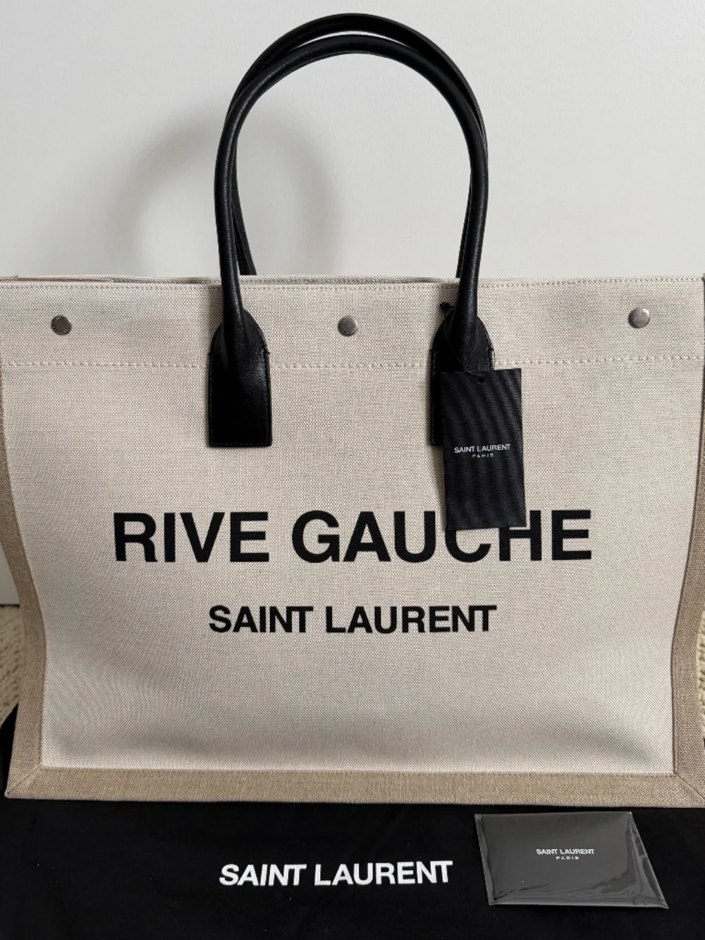 Saint Laurent YSL Rive Gauche White Black Canvas Logo Leather Tote Bag